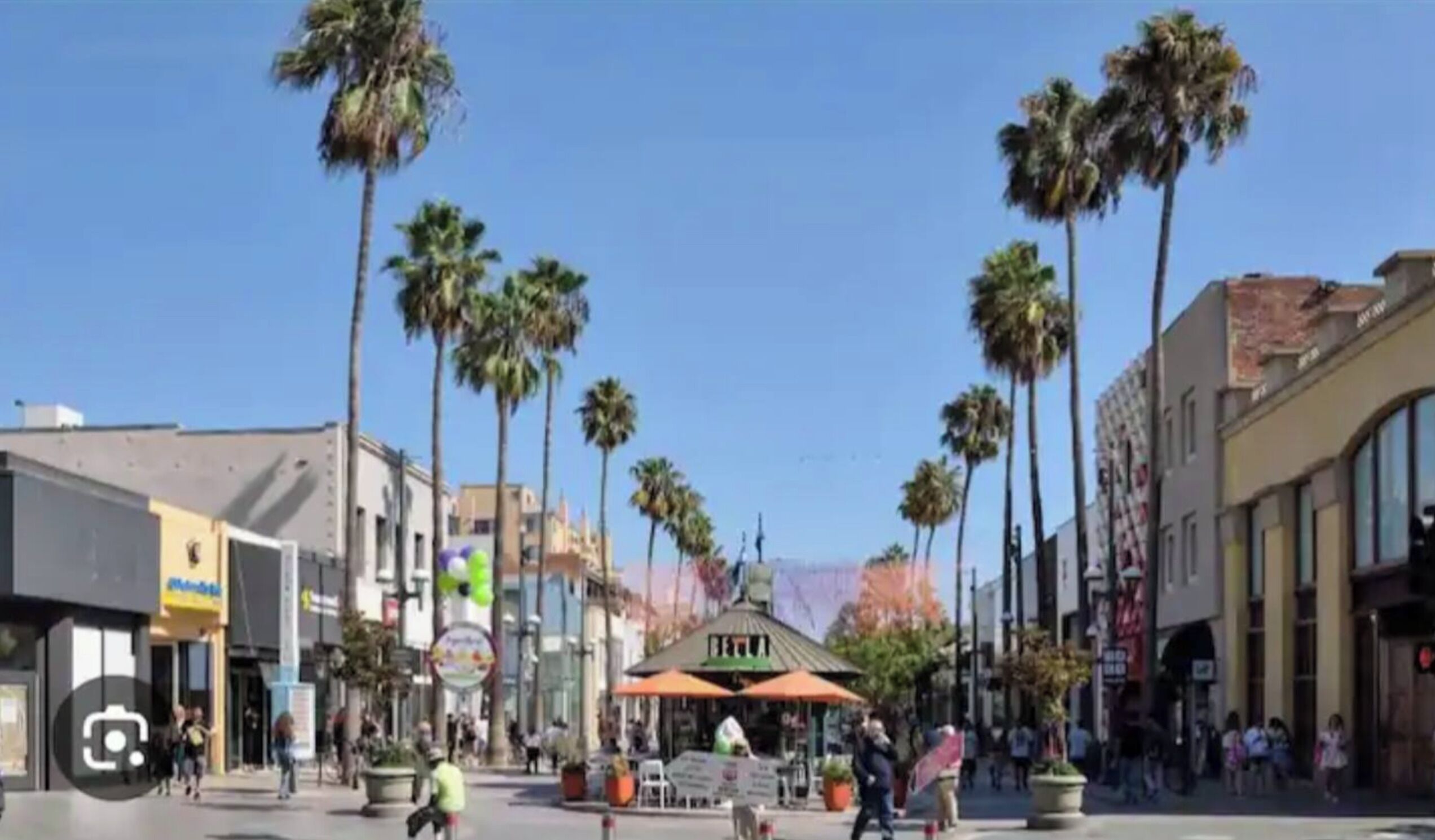 A pedestrian street lined with palm trees and various shops.