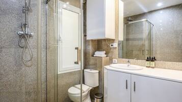 Shower, hair dryer, towels