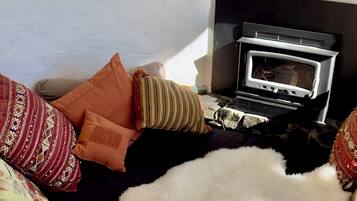 Smart-tv, eldstad och en stereo