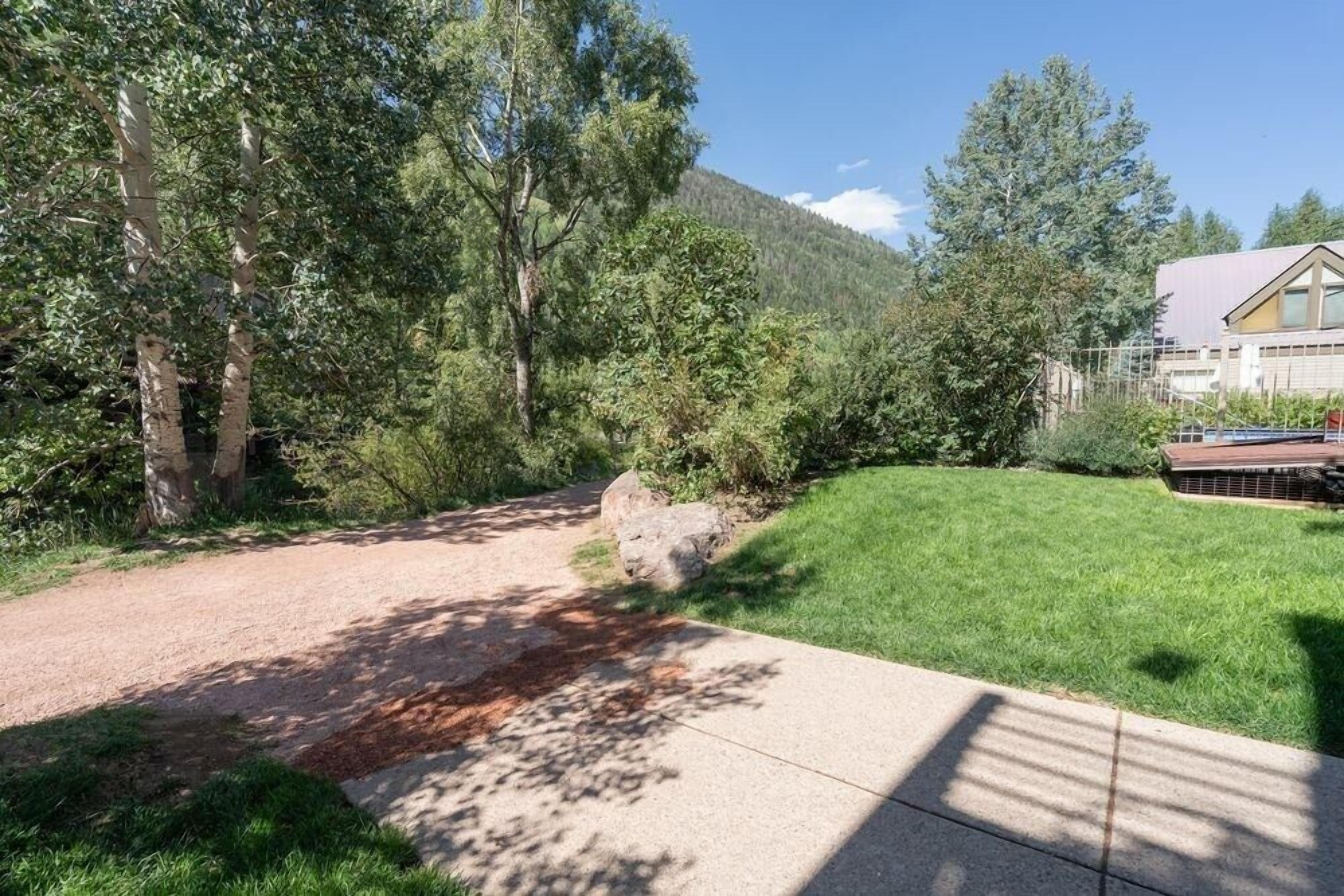 A paved driveway leading to a building with a sloped roof, surrounded by lush greenery and trees.