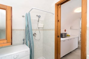 Shower, hair dryer, bidet, towels
