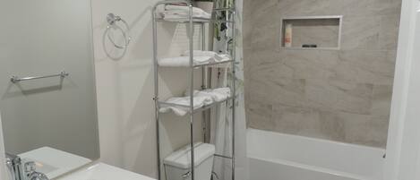 Hair dryer, towels, soap, shampoo