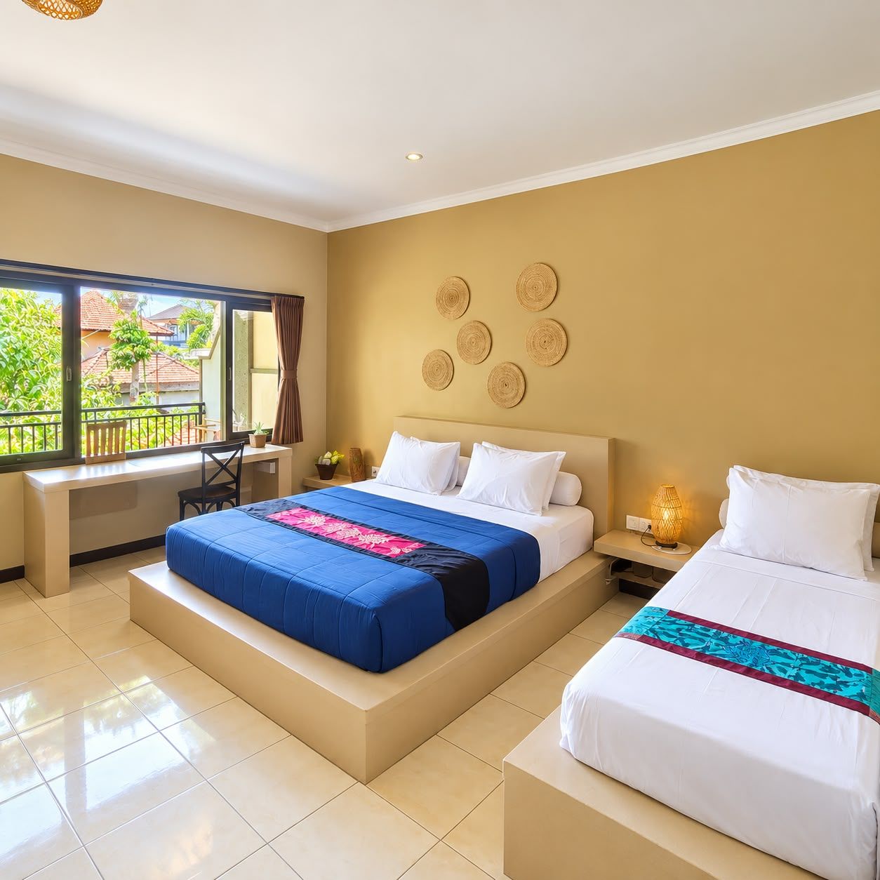 Habitación de hotel con una cama grande, una cama más pequeña, un escritorio y una ventana con vista a follaje.