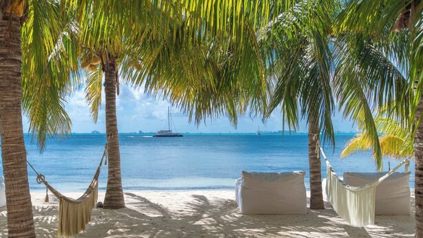 A beach with a hammock and white cushions under palm trees, overlooking the sea.