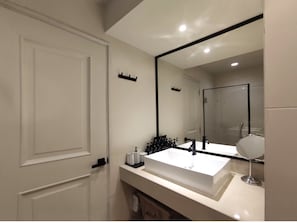 Hair dryer, towels, soap, shampoo