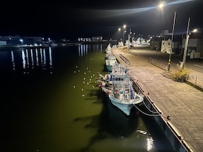 Una escena nocturna de un puerto con barcos amarrados a lo largo de la costa, un paseo marítimo pavimentado y edificios al fondo.