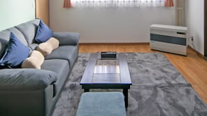 A living room with a grey sofa, a coffee table, and a window with curtains. - MOVE 8 (Abashiri)