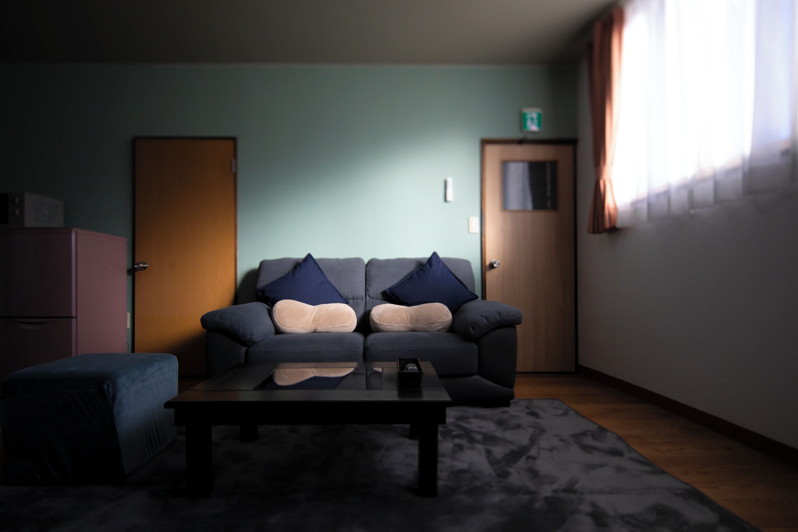 A living room with a sofa, ottoman, and coffee table. There is a door and a window with curtains.