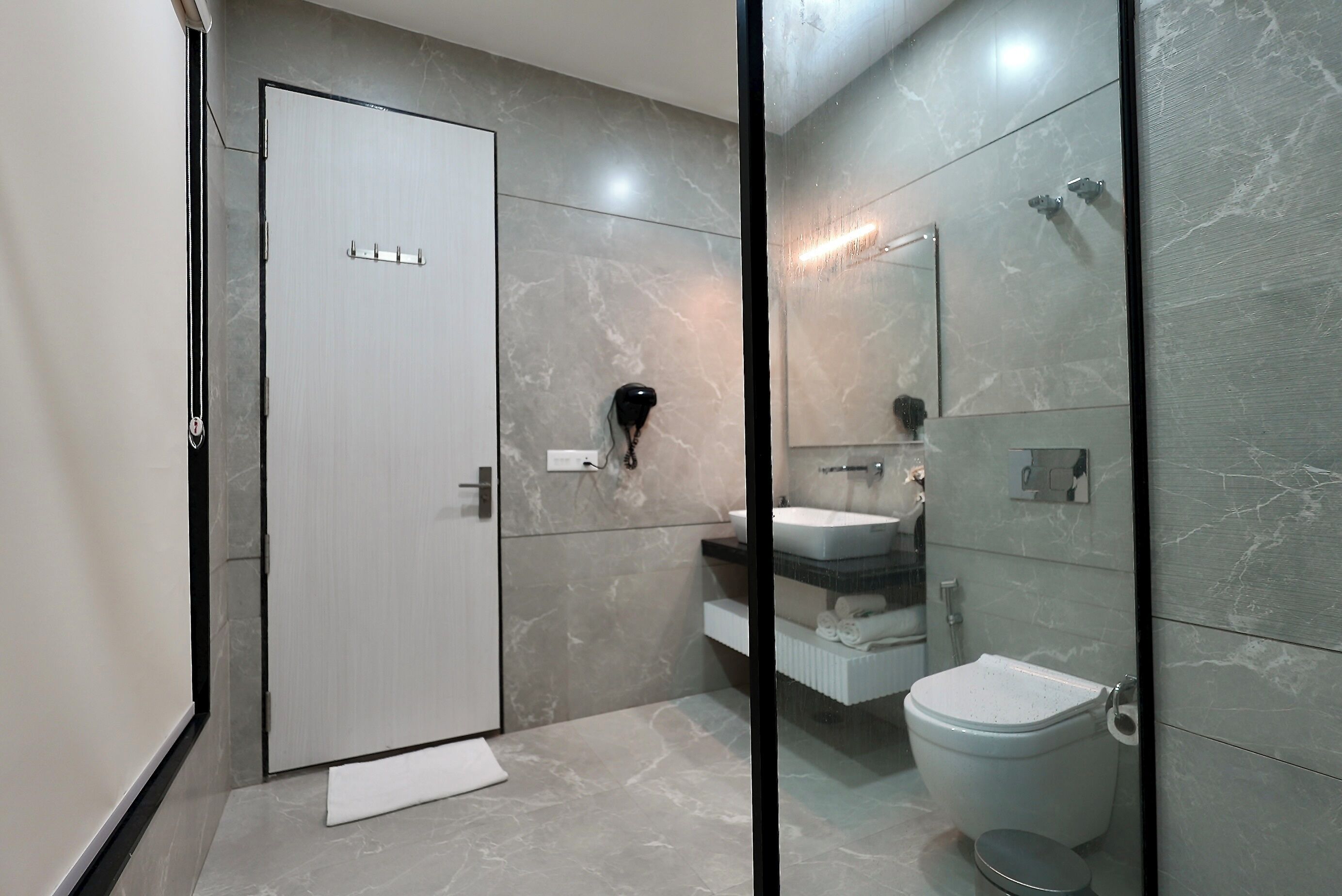 Een moderne badkamer met een witte deur, een glazen douchecabine, een witte wastafel en een toilet.