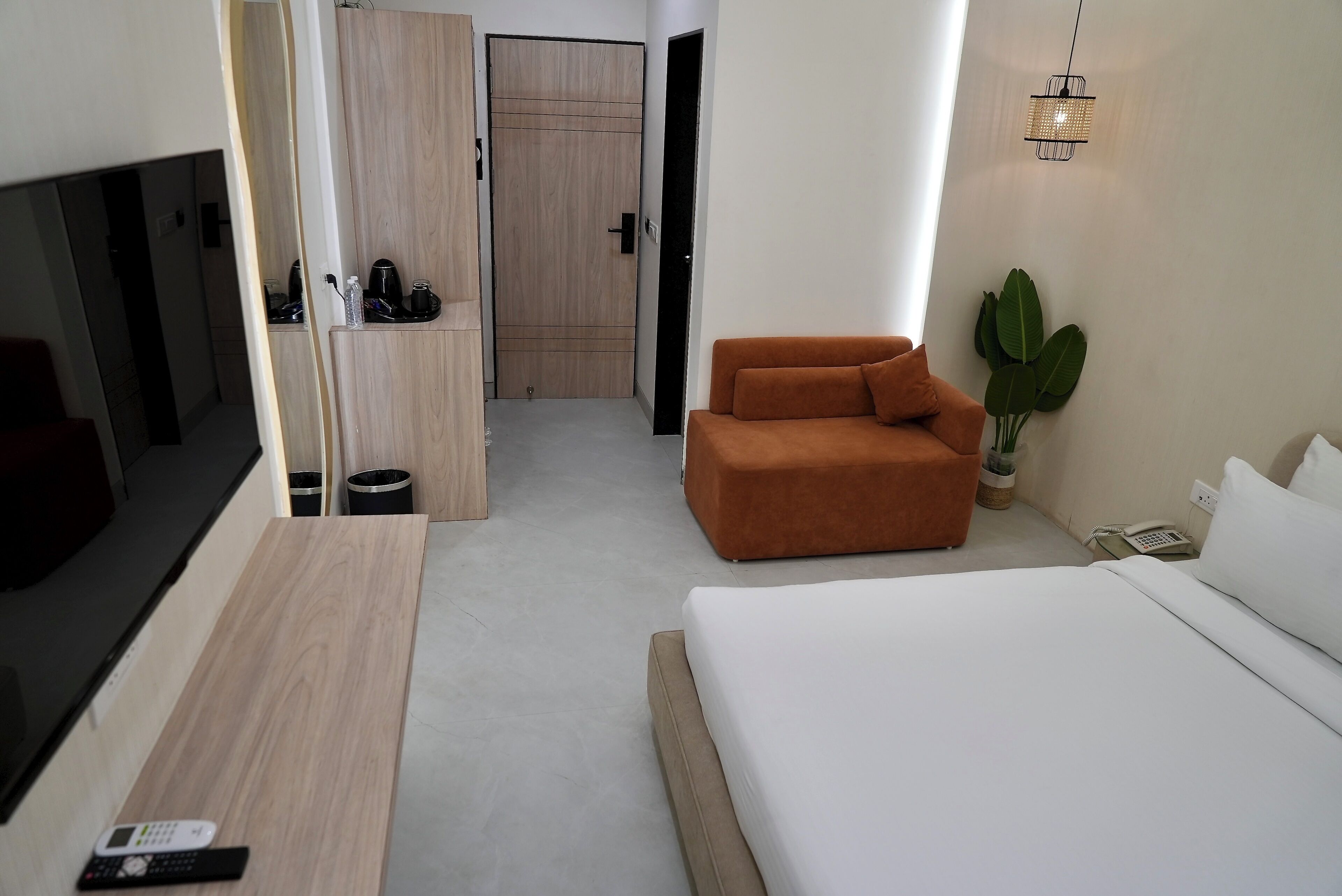 A hotel room with a bed, a sofa, a TV, a desk, and a plant.