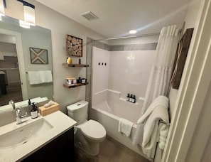Hair dryer, towels, soap, toilet paper
