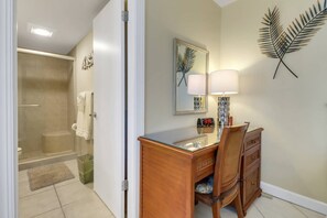 Shower, hair dryer, towels, shampoo