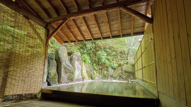Een traditionele Japanse onsen met een houten dak en betegelde vloer, omgeven door natuurlijke rotsformaties en groen.