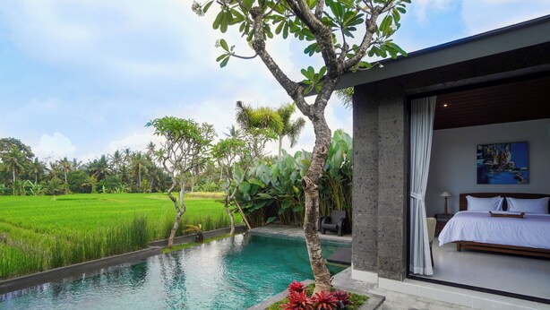 Une chambre d’hôtel moderne dotée d’une grande fenêtre, d’un lit et offrant une vue sur une piscine et une végétation luxuriante.