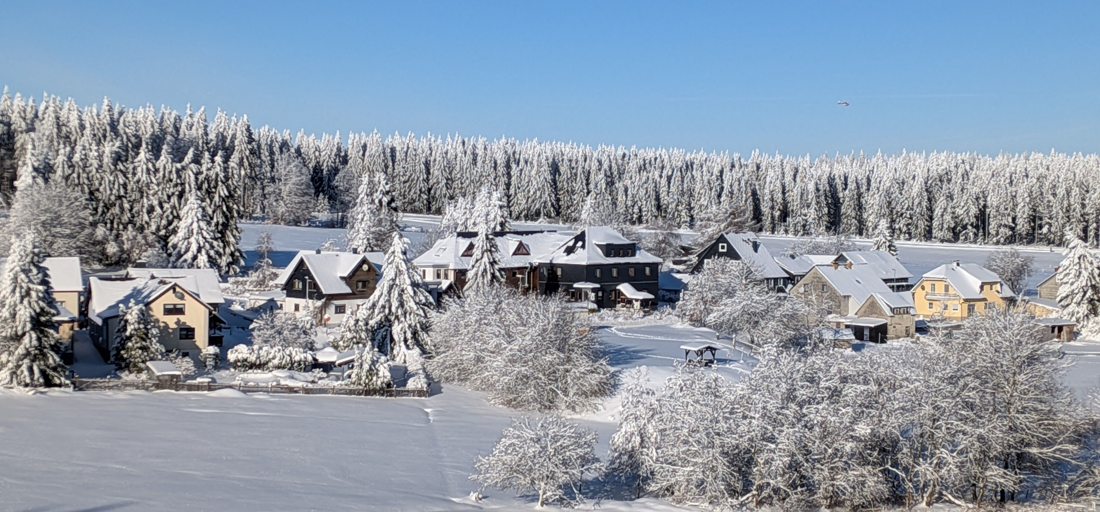 A snow-covered residential area with houses and a clear sky.