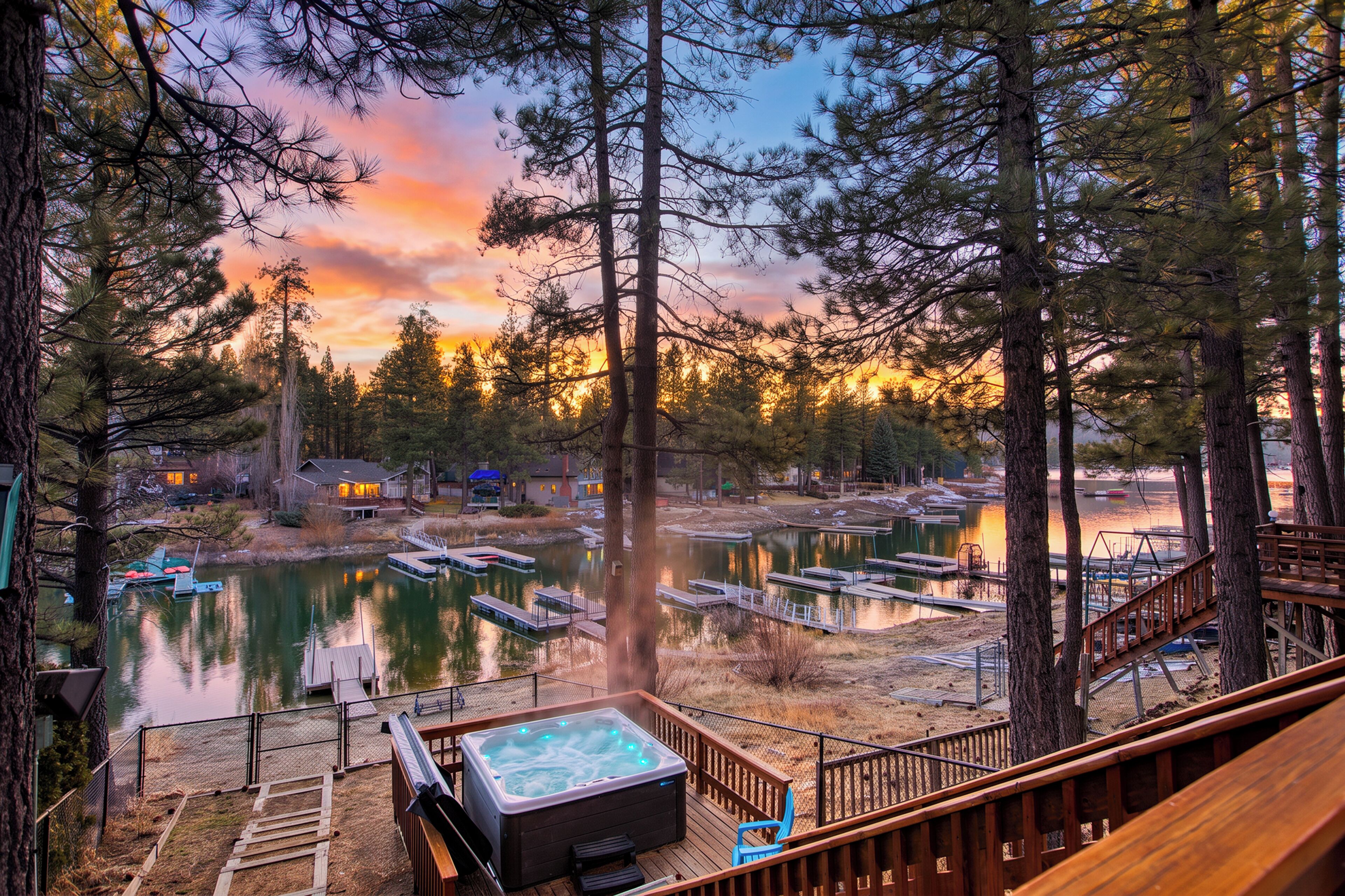 A hot tub on a wooden deck overlooking a lake with boats, surrounded by trees and a sunset.