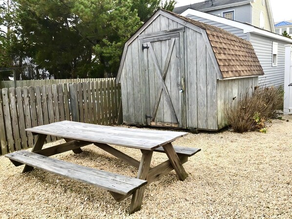 A wooden shed with a sloped roof and a door, a picnic table with benches, and a wooden fence in the background.