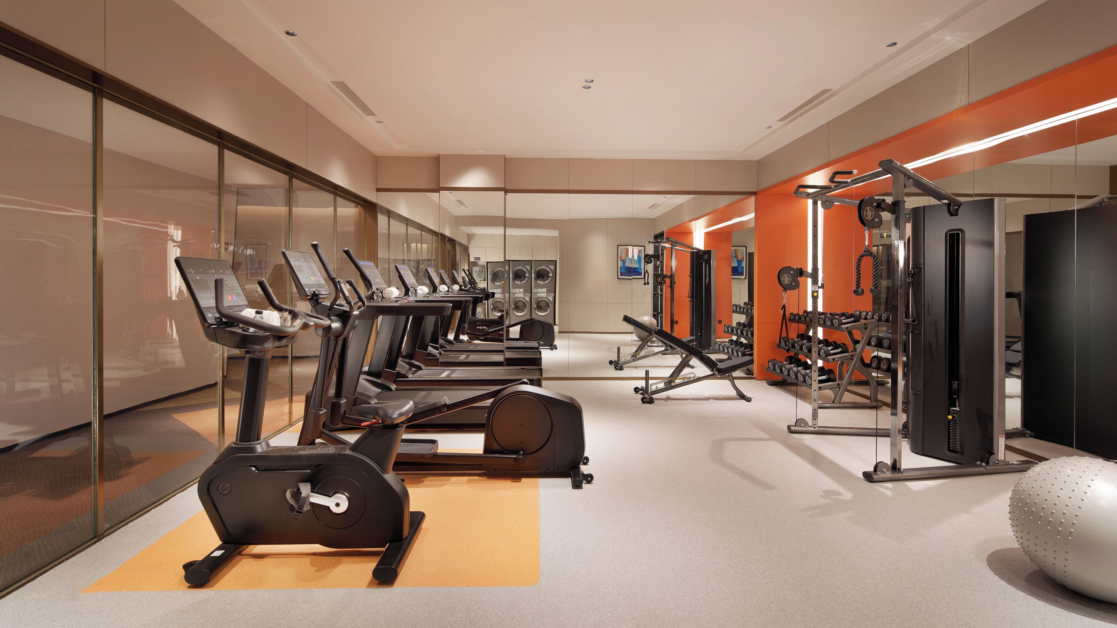 A modern gym with treadmills, weight machines, and a variety of fitness equipment.