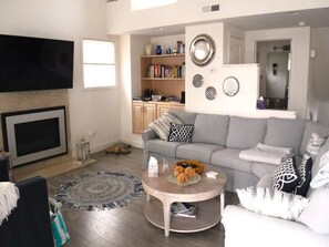 Télévision, cheminée, lecteur de DVD