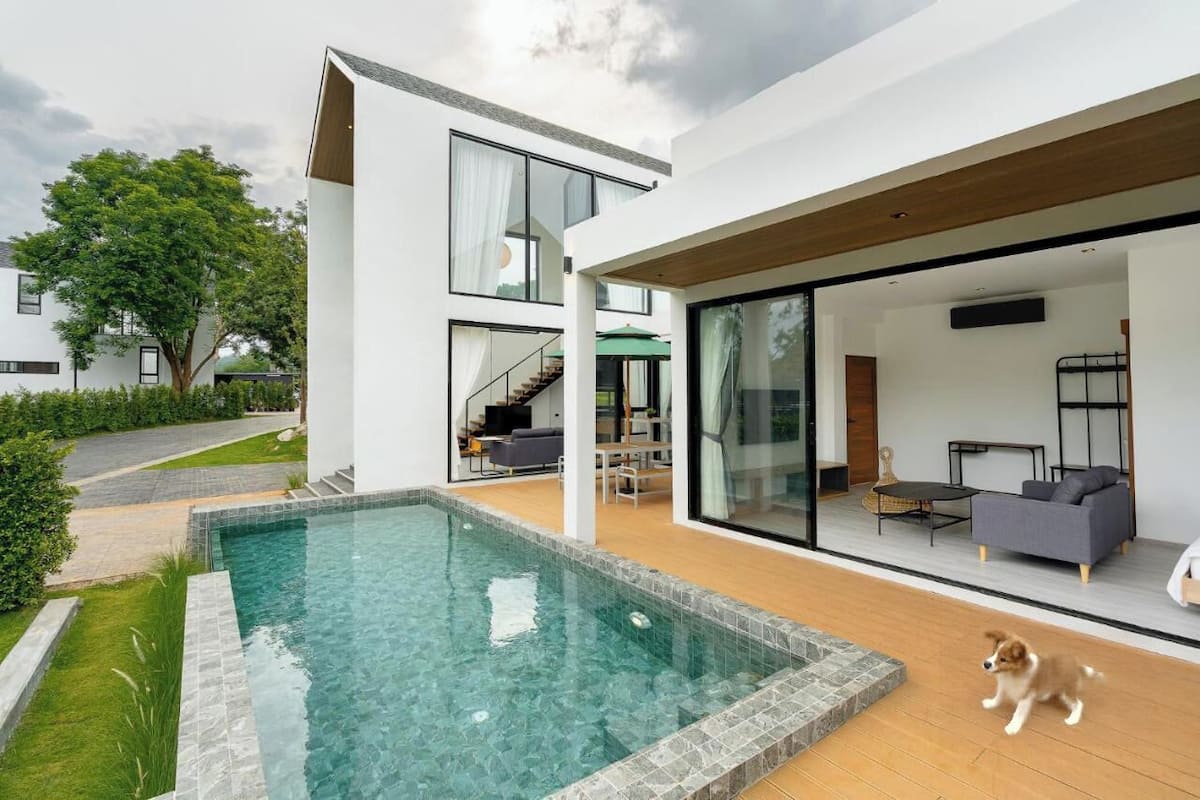A modern house with a swimming pool, a dog, and a staircase leading to the upper floor.