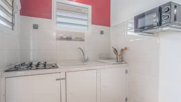 Fridge, microwave, oven, coffee/tea maker