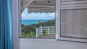 Una ventana con vistas a un paisaje costero, que incluye una valla blanca y vegetación.