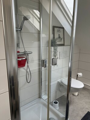 Shower, hair dryer, towels