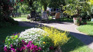 A garden with a stone planter bed, a paved walkway, and outdoor furniture.