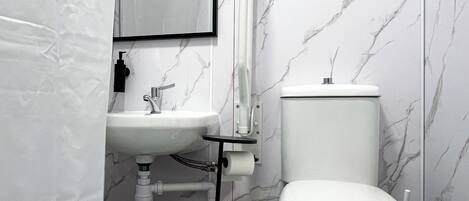 A bathroom with a white sink, a toilet, and a mirror.