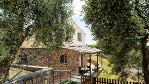 A stone house with a stone staircase leading to a covered patio area. - Beautiful apartment for 10 guests with WIFI, A/C, pool, patio and pets allowed (Civezza)