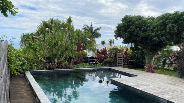 A rectangular swimming pool with clear water, surrounded by a wooden deck and lush tropical plants. - 15 minutes from the beaches of St Leu or Étang Salé. Sea view apartment with swimming pool. (Saint-Leu)