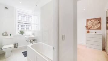 Hair dryer, towels, soap, toilet paper