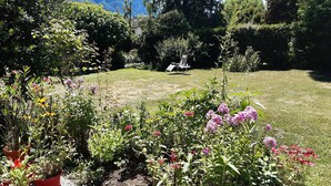 Un jardin avec différentes plantes et fleurs, une pelouse et une chaise.