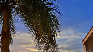Une terrasse avec une table et des chaises, un petit jardin et une vue sur le coucher de soleil sur l’océan.