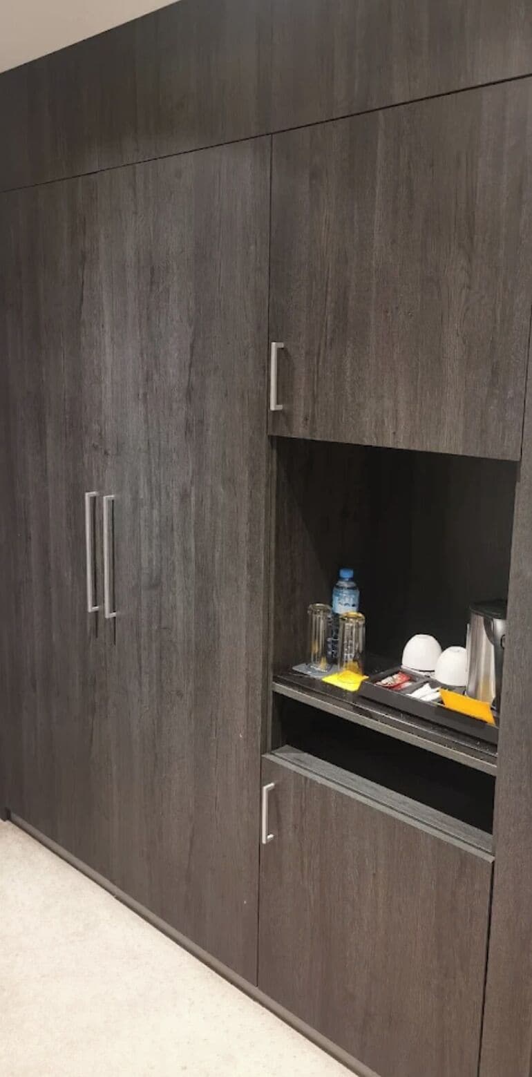 Minibar, desk, laptop workspace, blackout curtains