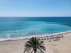 A beach with clear turquoise water, a sandy shore, and a palm tree.