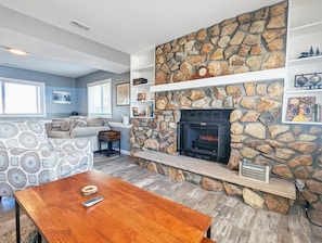 TV, fireplace, books
