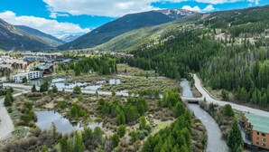 Un paisaje montañoso con un río, un puente y edificios con techo verde.