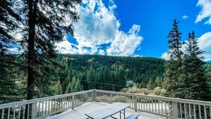 Une terrasse en bois avec des tables de pique-nique, offrant une vue sur une zone montagneuse boisée.