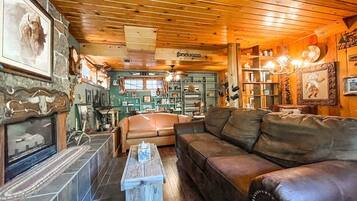 Télévision, cheminée, livres