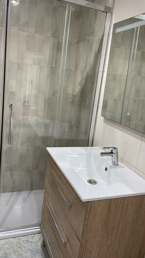 Hair dryer, bidet, towels, toilet paper