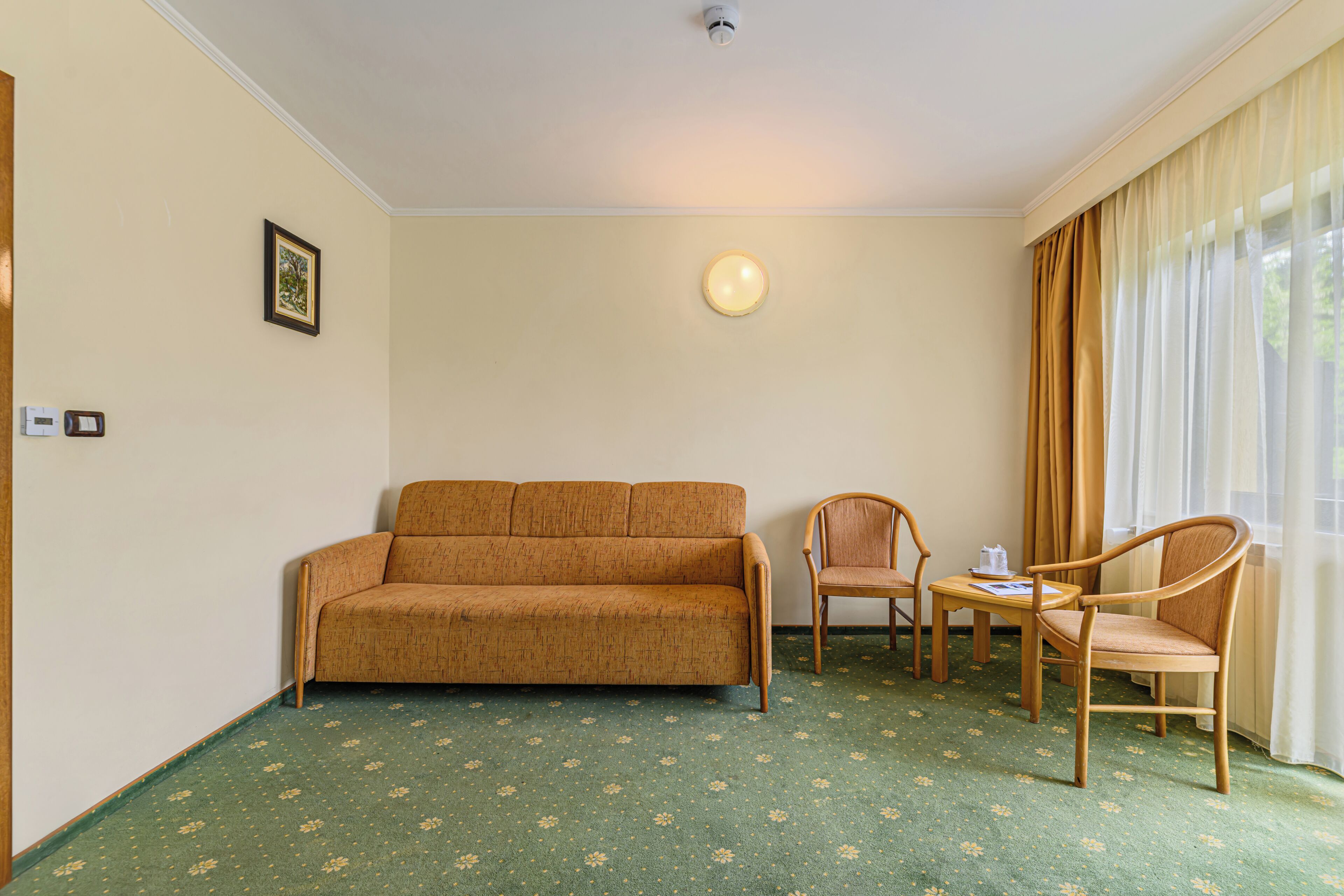 Ein Zimmer mit grünem Teppich, einem Sofa, zwei Sesseln, einem Tisch, einer Wanduhr und einem Bilderrahmen.