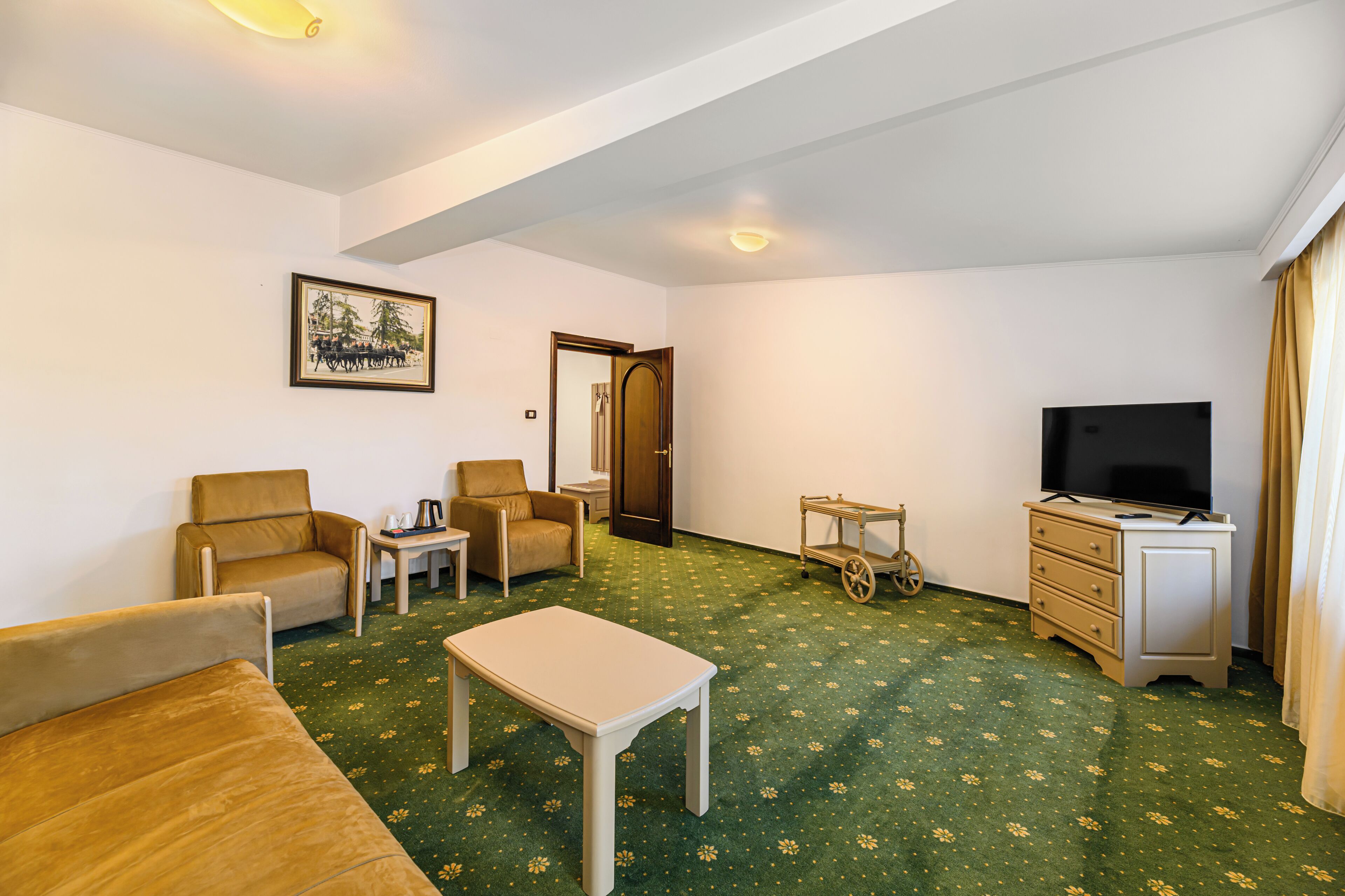 A hotel room with a green carpet, two armchairs, a small table, a TV, and a wardrobe.
