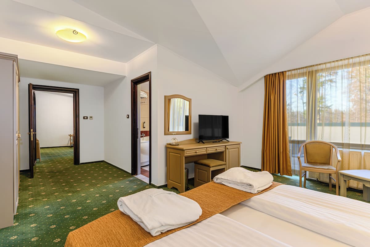 Ein Hotelzimmer mit einem Bett, einem Schreibtisch mit Fernseher, einem Sessel und einem Fenster mit Vorhängen.