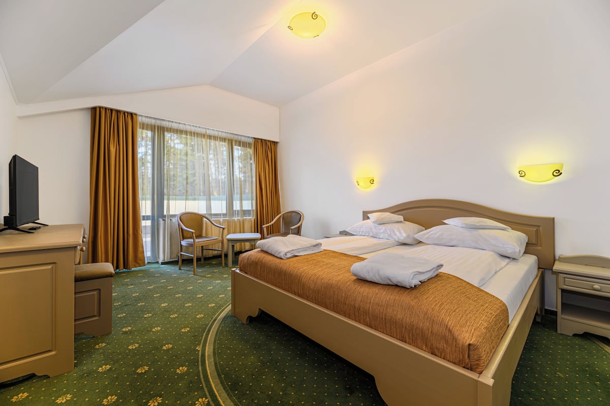 Ein Hotelzimmer mit einem Bett, einem Schreibtisch, einem Stuhl und einem Fernseher.