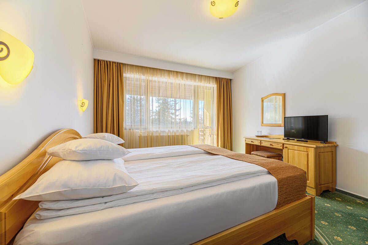 A hotel room with a bed, a desk, a television, and a window with curtains.