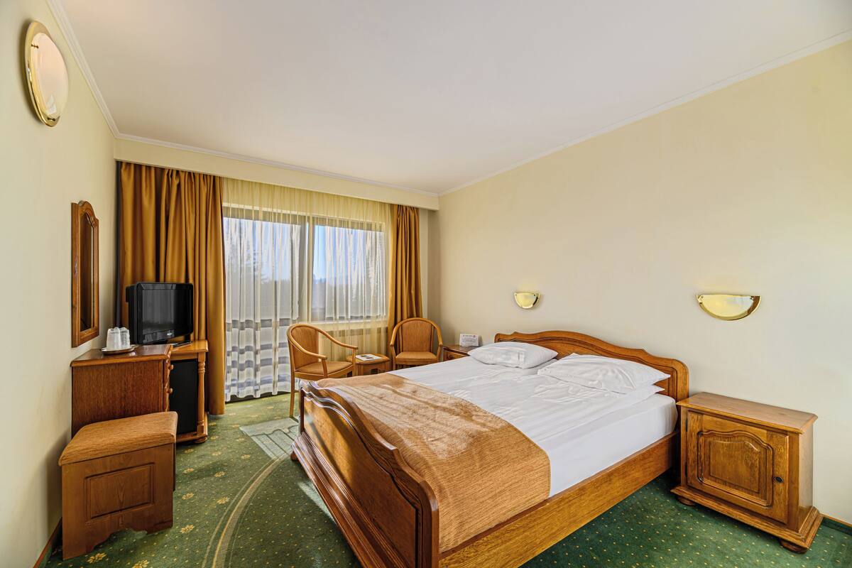 Ein Hotelzimmer mit einem hölzernen Bett, einem Fernseher, einem Schreibtisch und einem Sessel.