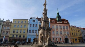 A square with a central monument, surrounded by colorful buildings with various architectural styles. - Cosy apartment for 4 people with WIFI and TV (Jindrichuv Hradec)