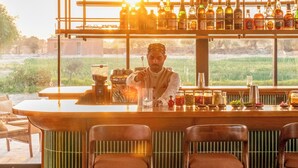 A bar area with a bartender, shelves of bottles, stools, and a view of greenery outside. - Mharo Khet (Jodhpur)