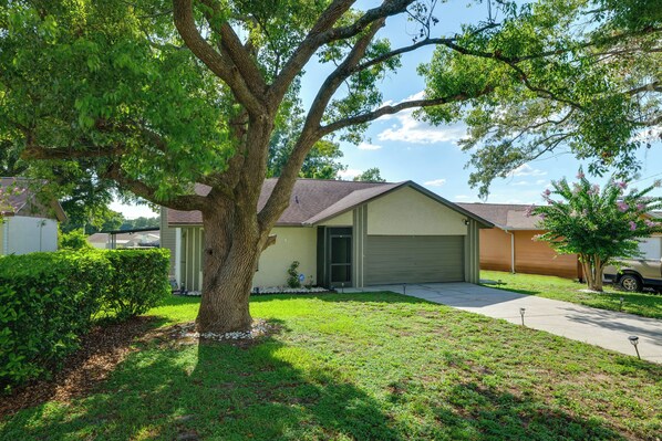 A residential house with a garage, a lawn, and a large tree. - 2 Mi to Golfing: Chic & Cozy Retreat in Lakeland! (Lakeland)